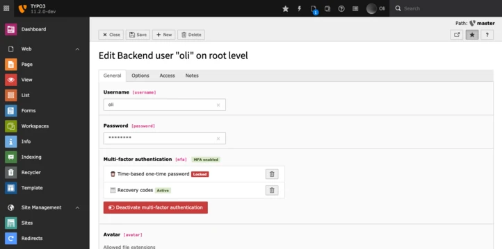 The "mfa" field in a backend user record