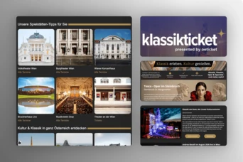 Collage of cultural venues in Austria, including theaters and concert halls, alongside promotional text for "klassikticket" by oeticket.