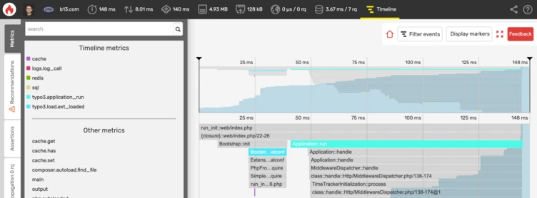 A user interface displaying a timeline with various metrics related to application performance, including cache calls and load times. The left panel lists metrics, while the right panel shows a graphical representation of application events over time.