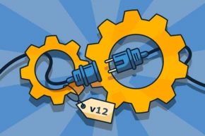 Two interlocking gears in yellow, with a blue electrical plug and cord connecting them. A tag labeled "v12" hangs from one of the gears, set against a light blue radial background.