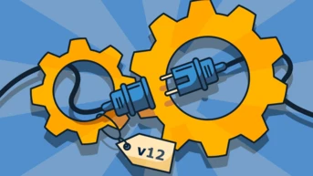 Two interlocking gears in yellow, with a blue electrical plug and cord connecting them. A tag labeled "v12" hangs from one of the gears, set against a light blue radial background.