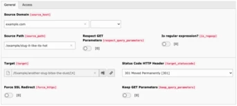 Screenshot of edit form for one record in TYPO3's redirects module