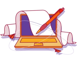 A laptop with a large sheet of paper emerging from the screen, accompanied by a red pen and small paper airplanes, symbolizing writing or creative work.