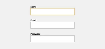 Form fields for user registration, including sections for entering a name, email address, and password. The name field is highlighted in yellow.