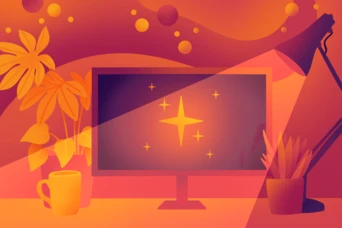 A computer monitor displays a starburst design, surrounded by stylized plants and a desk lamp, all set against a warm, gradient background with abstract shapes.
