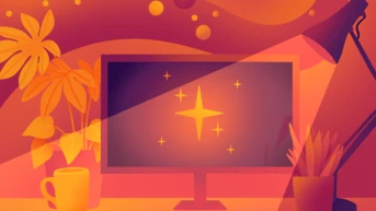 A computer monitor displays a starburst design, surrounded by stylized plants and a desk lamp, all set against a warm, gradient background with abstract shapes.