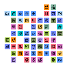 Raster mit verschiedenen Symbolen, die Designwerkzeuge, Einstellungen und Funktionen darstellen, angeordnet in bunten Quadraten.