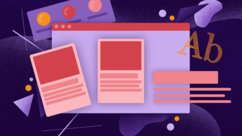 A digital design layout featuring two card-like elements and a text box, set against a colorful abstract background. The layout includes a toolbar with circular icons and a stylized letter "Ab" in the corner.