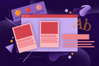 A digital design layout featuring two card-like elements and a text box, set against a colorful abstract background. The layout includes a toolbar with circular icons and a stylized letter "Ab" in the corner.
