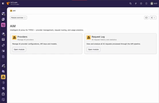 Dashboard, das das AiM-Modul mit Optionen zur Verwaltung von Anbietern und zur Anzeige von Anforderungsprotokollen für KI-Anfragen anzeigt.