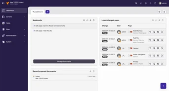 Dashboard interface displaying bookmarks, recently opened documents, and a list of latest changed pages with user details.