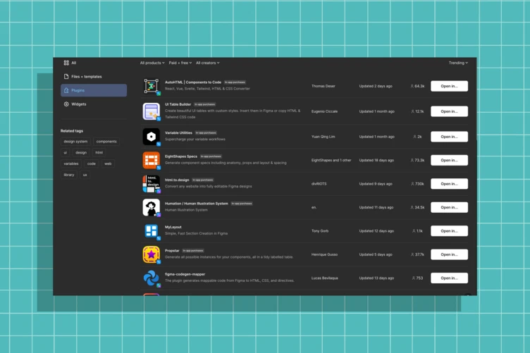 A user interface displaying a list of plugins, including names, descriptions, and options to open each one. The layout features a dark theme with a grid background.