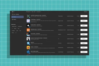 A user interface displaying a list of plugins, including names, descriptions, and options to open each one. The layout features a dark theme with a grid background.
