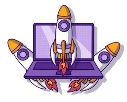 A laptop with a purple screen is surrounded by three rockets, each launching upward with flames. The design is colorful and stylized, emphasizing a theme of technology and innovation.