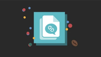 Graphic featuring a stack of documents with a chat bubble and link icon, surrounded by colorful dots and a coffee bean.