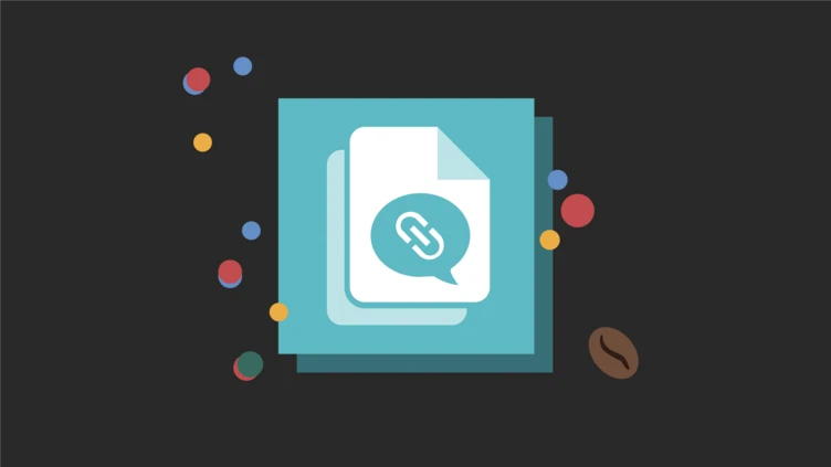 Graphic featuring a stack of documents with a chat bubble and link icon, surrounded by colorful dots and a coffee bean.