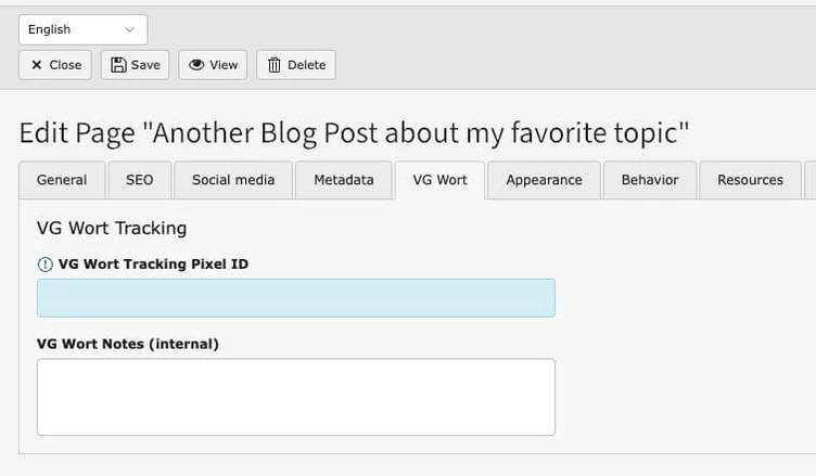 Editing interface for a blog post titled "Another Blog Post about my favorite topic," featuring sections for general settings, SEO, social media, metadata, VG Wort tracking, and internal notes.