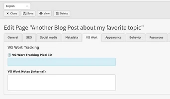 Editing interface for a blog post titled "Another Blog Post about my favorite topic," featuring sections for general settings, SEO, social media, metadata, VG Wort tracking, and internal notes.