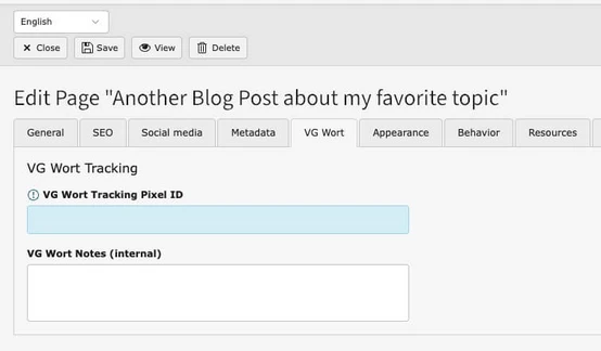 Editing interface for a blog post titled "Another Blog Post about my favorite topic," featuring sections for general settings, SEO, social media, metadata, VG Wort tracking, and internal notes.