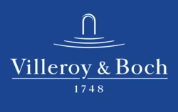 Villeroy & Boch logo featuring a stylized arch and water lines, with the brand name and the year "1748" displayed prominently in white against a blue background.