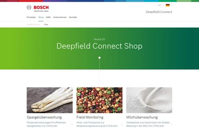 Bosch Deepfield Connect Shop webpage featuring sections on asparagus monitoring, field monitoring, and milk monitoring, with product descriptions and pricing information. The design includes a gradient background and navigation options.