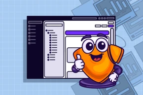 A cartoon character resembling a shield gives a thumbs up in front of a computer interface with various menu options.