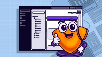 A cartoon character resembling a shield gives a thumbs up in front of a computer interface with various menu options.