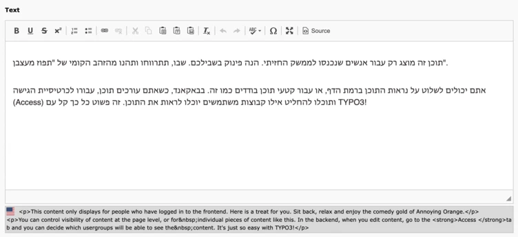 Text in Hebrew discusses user access and content visibility on a website, mentioning the need for logged-in users to view specific content. It also references TYPO3, a content management system.