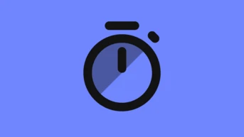 Black stopwatch icon on a blue background, featuring a circular design with a small top button and a diagonal line inside.