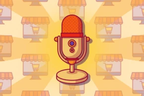 Retro microphone illustration with a shopping cart icon in the background, symbolizing e-commerce or online shopping.