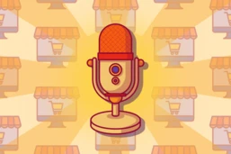 Retro-Mikrofon-Illustration mit einem Einkaufswagen-Symbol im Hintergrund, das E-Commerce oder Online-Shopping symbolisiert.