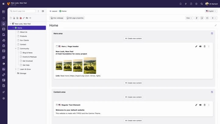 User interface displaying a content management system with sections for homepage layout, including a header and content area for text and images.