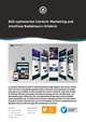 Eine Sammlung von Webdesigns, die auf mehreren Bildschirmen angezeigt werden und verschiedene Layouts sowie Inhalte präsentieren. Der obere Text hebt „SEO-optimiertes Content-Marketing und eine intuitive redaktionelle Erfahrung“ hervor, während der untere Abschnitt die Kontaktdaten des Unternehmens und Logos enthält.