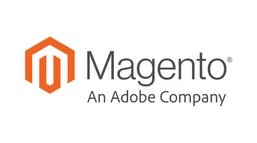 Das Magento-Logo zeigt ein stilisiertes oranges Sechseck mit dem Wort „Magento“ in Grau, darunter steht der Text „Ein Unternehmen von Adobe“.