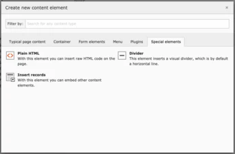 Menu options for creating a new content element, including choices for Plain HTML, Divider, and Insert records, with brief descriptions of each option's functionality.