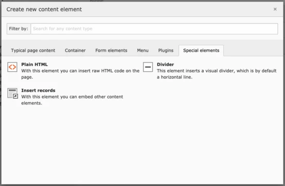 Menu options for creating a new content element, including choices for Plain HTML, Divider, and Insert records, with brief descriptions of each option's functionality.