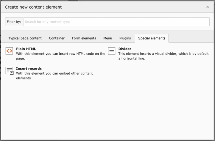 Menu options for creating a new content element, including choices for Plain HTML, Divider, and Insert records, with brief descriptions of each option's functionality.