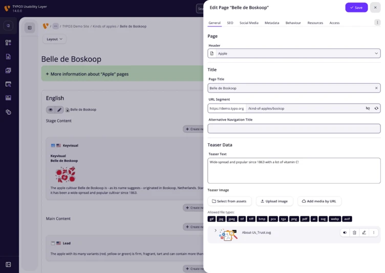 User interface displaying the editing options for a webpage titled "Belle de Boskoop," including fields for content, metadata, and navigation settings.