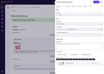 User interface displaying the editing options for a webpage titled "Belle de Boskoop," including fields for content, metadata, and navigation settings.