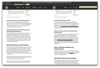 Text on a webpage detailing instructions for disabling options in a content management system, including disabling the "Save and Close" option and automatic inclusion in the New Content Element Wizard.