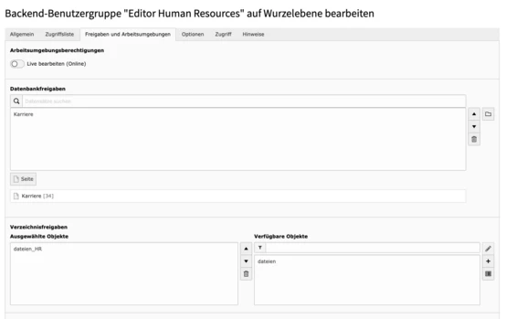 User interface for editing the backend user group "Editor Human Resources," displaying sections for data permissions, selection options, and available objects. Fields include "Karriere" and options for managing user access and permissions.