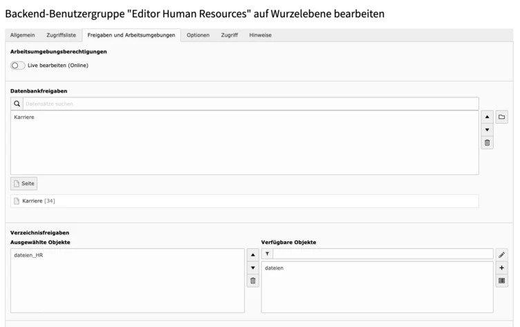 User interface for editing the backend user group "Editor Human Resources," displaying sections for data permissions, selection options, and available objects. Fields include "Karriere" and options for managing user access and permissions.