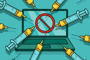 Ein Laptop ist von mehreren Spritzen umgeben, und auf dem Bildschirm wird ein rotes Verbotssymbol angezeigt, das eine Botschaft gegen Impfungen oder medizinische Eingriffe signalisiert.