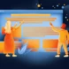 Two figures, one in a long orange dress and the other in an orange shirt, are interacting with a large digital screen displaying various text blocks and lines in blue and orange.