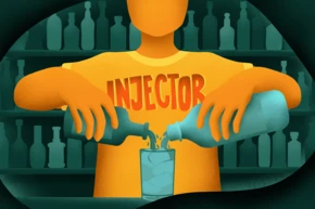 A person wearing a yellow shirt labeled "INJECTOR" is pouring liquid from two bottles into a glass, surrounded by a backdrop of various bottles.