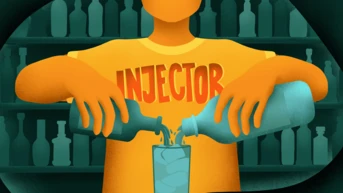 A person wearing a yellow shirt labeled "INJECTOR" is pouring liquid from two bottles into a glass, surrounded by a backdrop of various bottles.