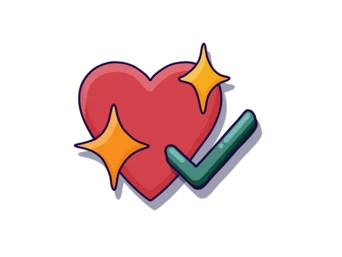 Red heart with sparkles and a green checkmark, symbolizing approval or positivity.