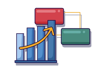 Bar graph with an upward trend, featuring a red box and a green box connected by lines, indicating data flow or relationships.