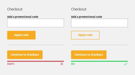 Checkout interface displaying two sections for entering a promotional code. The left section shows a red "Don't" indicator, while the right section features a green "Do" indicator, suggesting successful code application.