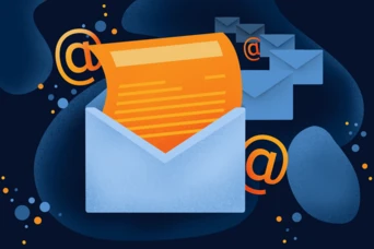 An open envelope with an orange letter emerging from it, surrounded by various email icons and abstract shapes in a dark background.